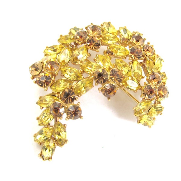 jonquil COLORADO topaz rhinestones BRUSHED gold tone Crown TRIFARI brooch