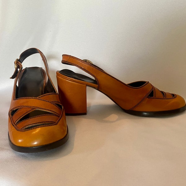 1970's NINA Cognac Leather Sandals Block Heel Round Toe Size 7M Made in Spain