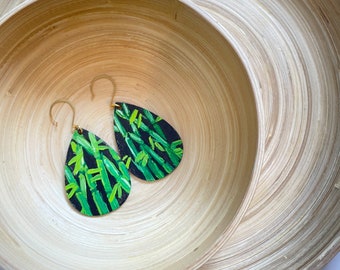 Black and Green Bamboo Hand Painted Wooden Earrings