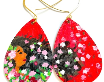 Woman in Florals Hand Painted Wooden Earrings