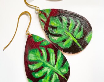 Monstera Leaf Hand Painted Wooden Earrings