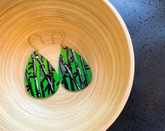 Green and Black Bamboo Hand Painted Wooden Earrings