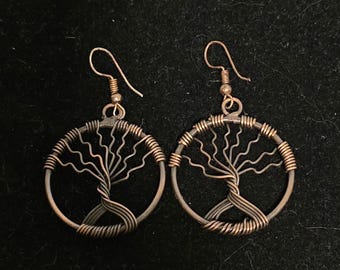 Pre 1990's Artisan Tree Of Life Copper Wire Wrapped Hand Crafted Pierced Dangle Earrings