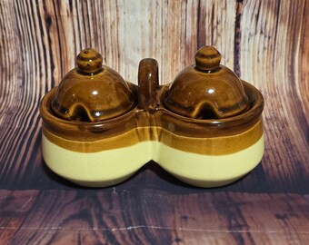 Pre 1980's Brown And Tan Glazed Ceramic Double Condiment Pots With Lids Honey/Jam