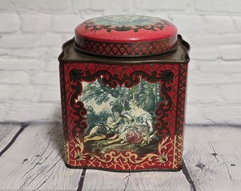 Pre 1960's Daher Square Red Tin England Floral And Lovers Scenes