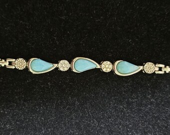 1980's Silver Tone With Turquoise And Rhinestone Bracelet