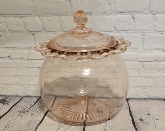 Pre 1930's Pink Depression Glass Bowl With Lid, Open Lace Around Lid (Unique)