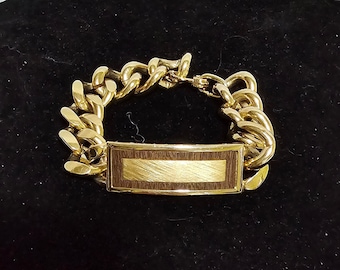 Speidel Chunky Heavy Gold Tone and Wood Grain Curb Link Bracelet Engravable