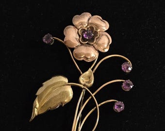 Pre 1970's 1/20 10K Gold With 5 Amethyst Stones Flower Brooch IH Brand
