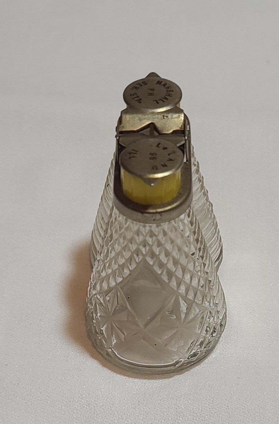 1930's Connected Glass Salt and Pepper Shakers Advertising Marshall