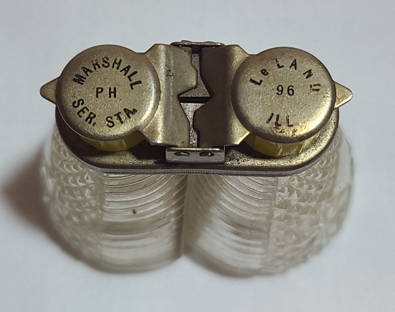 1930's Connected Glass Salt and Pepper Shakers Advertising Marshall