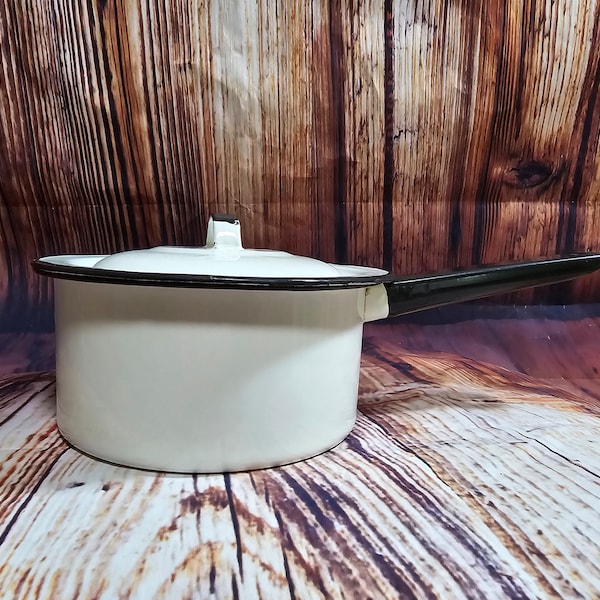 Pre 1950's White and Black Enamelware Pot Pan with Lid 6" in Diameter 3 1/4" Deep