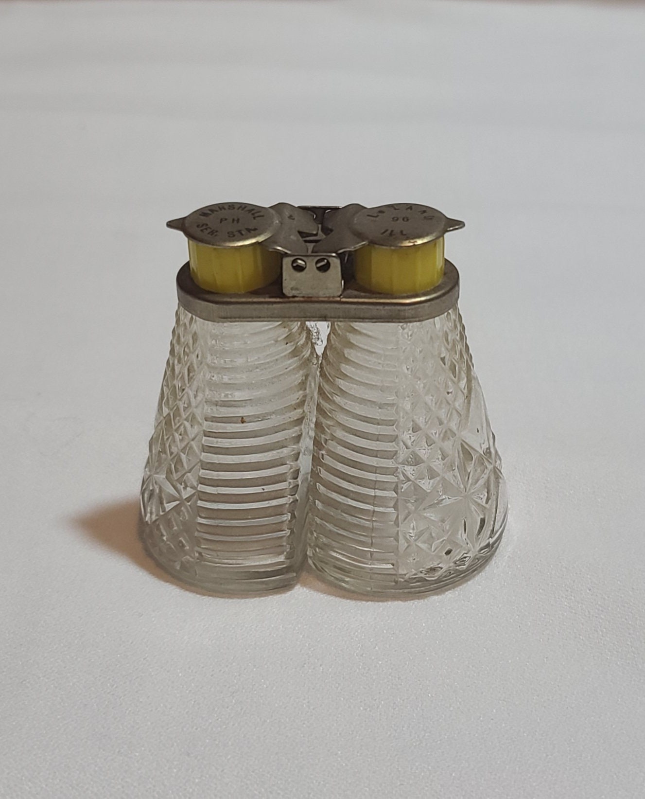 1930's Connected Glass Salt and Pepper Shakers Advertising Marshall