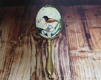 Pre 1940's Heavy Brass Hand Mirror With Bird And Flowers Under Beveled Glass On Back