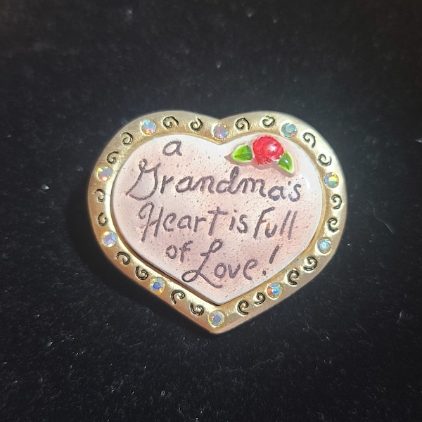 Pre 1990's AJMC Enamel Heart Shaped Grandma Brooch "A Grandma's Heart is Full of Love"