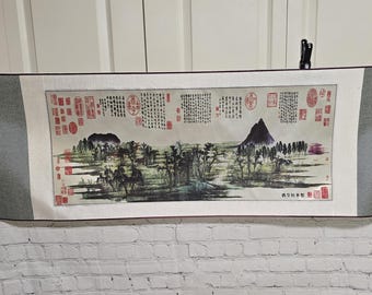 Pre 1980's Oriental Silk And Cloth Scroll In Box Wall Art