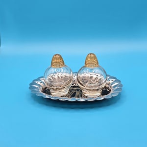 May include: A set of two clear glass salt and pepper shakers with amber-colored tops, resting on a silver-colored, scalloped-edge tray. The background is a solid light blue.