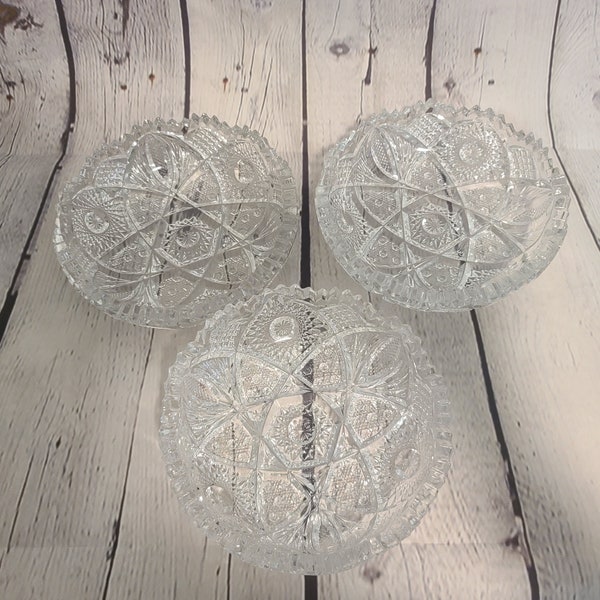 Pre 1930's 3) Nucut Round Cut-Glass Saw-Toothed Bowls
