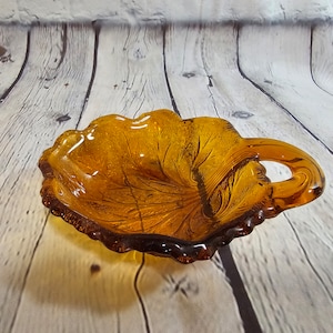 Pre 1960&#39;s Amber Glass Leaf Shaped Candy Dish with Handle