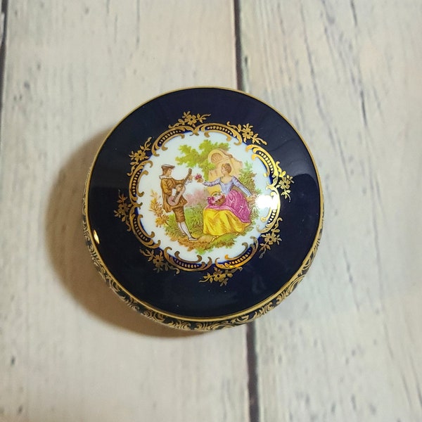 Pre 1980's Limoges Castel France 22K Gold Trim Cobalt Blue Trinket Box with Courting Couple