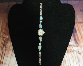 Pre 1980's Silver Tone Watch With Turquoise And Rhinestones (Needs Battery)
