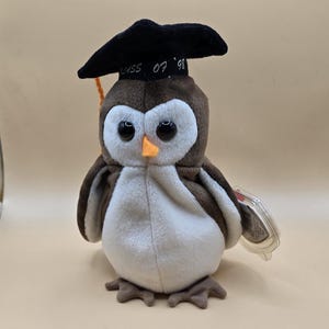 May include: Brown and white owl beanie baby wearing a black graduation cap with the text "Class of '98".