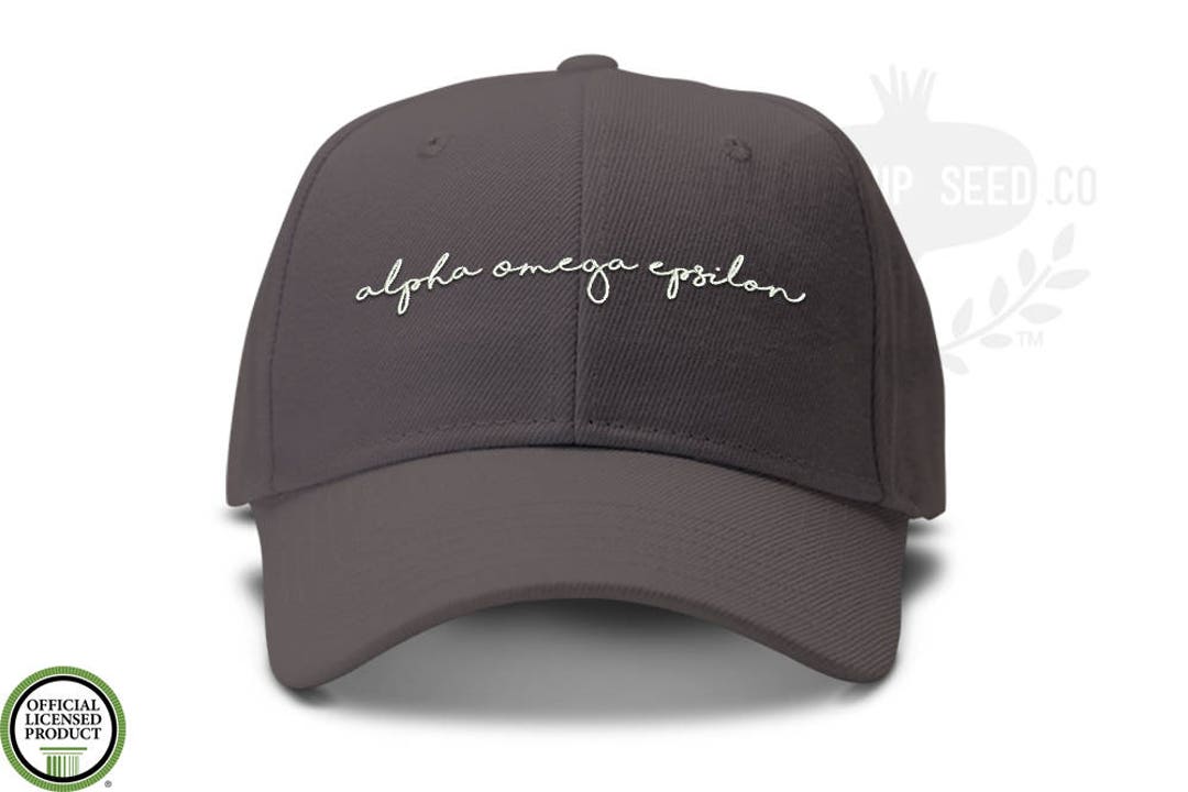 Alpha Omega Epsilon Handwriting Script Baseball Cap - Custom Color Hat ...
