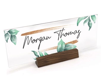 Watercolor Green Leaves with Gold Lines Personalized Custom Desk Name Plate Plaque- UV Printed on Clear Acrylic with Wood Base - ANP0006
