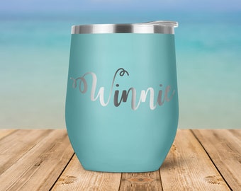 Personalized Custom Name or Text Engraved Vacuum Insulated Stemless Wine Glass Tumbler with Lid Travel Mug - Briedsmaid Cup Gift - WTWinnie