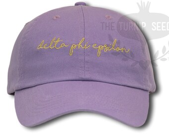 Delta Phi Epsilon Handwriting Script Sorority Baseball Cap - Custom Color Hat and Embroidery