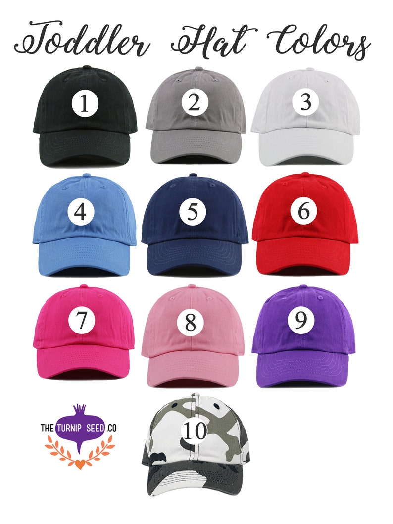 May include: Ten different color toddler hats with numbers 1 through 10 on them. The hats are all the same style, with a curved brim and a white logo on the front.