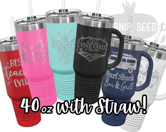 Custom Image, Logo, or Text Engraved Tumbler - 40 oz Travel Mug with Handle and Straw - BD0001