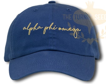 Alpha Phi Omega Handwriting Script Sorority Baseball Cap - Custom Color Hat and Embroidery