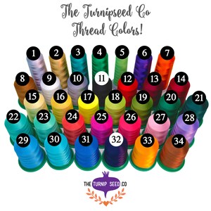 May include: A collection of 34 spools of embroidery floss in various colors, numbered 1 through 34. The spools are arranged in a semi-circle, with the numbers visible on each spool. The text "The Turnipseed Co Thread Colors!" is at the top of the image.