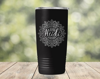 Personalized Custom Name Text with Mandala Flower Engraved Vacuum Insulated Coffee Tumbler with Lid Travel Mug - Indian India Yoga Om ET0124