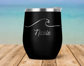 Personalized Custom Name Text with Wave Engraved Vacuum Insulated Stemless Wine Glass Tumbler with Lid Travel Mug - Beach Ocean Sea - WT0035