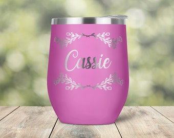 Personalized Custom Name Text with Floral Flower Laurel Frame Engraved Vacuum Insulated Stemless Wine Glass Tumbler Lid Travel Mug WT0044