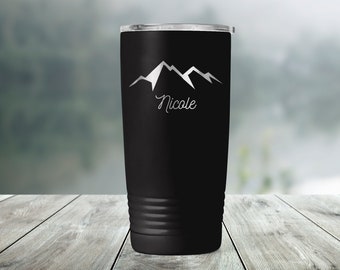 Personalized Custom Name Text Mountain Range Camping Engraved Vacuum Insulated Coffee Tumbler with Lid Travel Mug - Outdoor Hiking ET0035