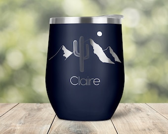 Personalized Custom Name Text with Cactus Desert Engraved Vacuum Insulated Stemless Wine Glass Tumbler with Lid Travel Mug Southwest WT0037