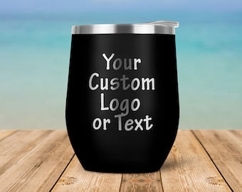 Custom Image, Logo, or text Engraved Vacuum Insulated Stemless Wine Glass Tumbler with Lid Travel Mug 12 oz