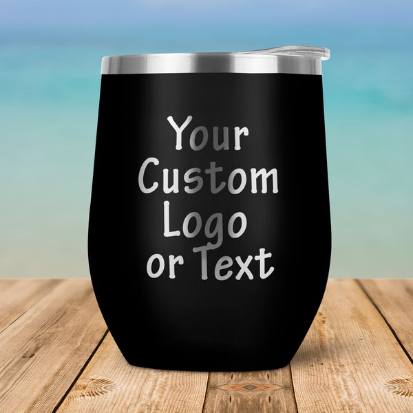 Custom Image, Logo, or text Engraved Vacuum Insulated Stemless Wine Glass Tumbler with Lid Travel Mug 12 oz