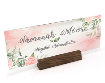 Blush Pink Rose Flowers and Green Leaves Personalized Custom Desk Name Plate Plaque- UV Printed on Clear Acrylic with Wood Base - ANP0007