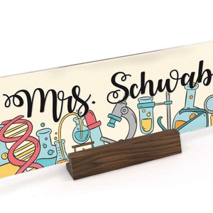 Science Teacher Appreciation Gift Custom Desk Name Plate Plaque- Gift UV Printed on Clear Acrylic with Wood Base - ANP0013