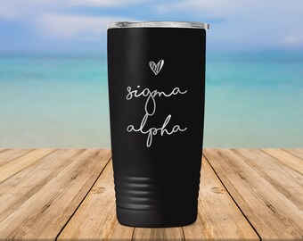 Sigma Alpha Sorority Handwriting Script Engraved Vacuum Insulated Coffee Tumbler with Lid Travel Mug Big Little New Member Gift ET0070