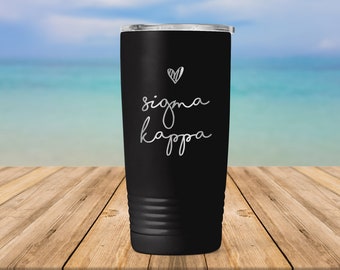 Sigma Kappa Sorority Handwriting Script Engraved Vacuum Insulated Coffee Tumbler with Lid Travel Mug Big Little Recruitment Gift ET0073