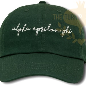 May include: A dark green baseball cap with white embroidered text that reads "alpha epsilon phi".