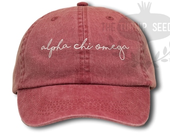 Alpha Chi Omega Handwriting Script Sorority Baseball Cap - Custom Color Hat and Embroidery