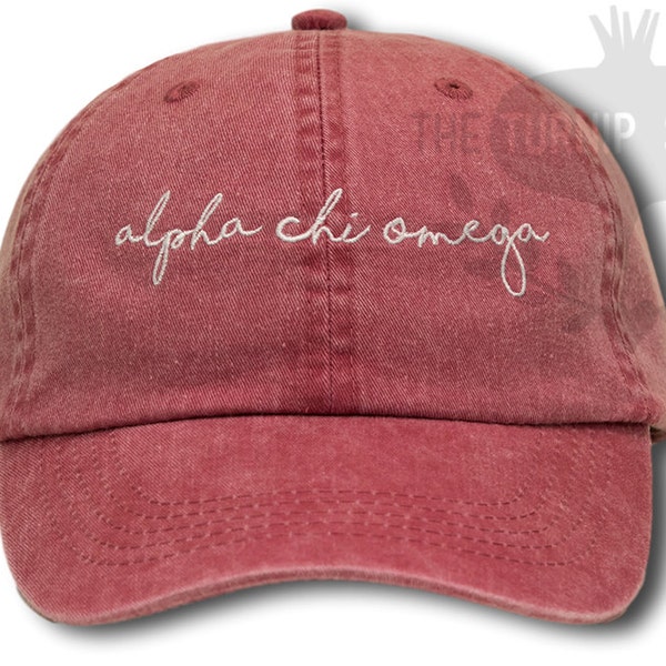 Alpha Chi Omega Handwriting Script Sorority Baseball Cap - Custom Color Hat and Embroidery