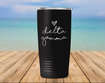 Delta Gamma Sorority Handwriting Script Engraved Vacuum Insulated Coffee Tumbler with Lid Travel Mug Big Little Recruitment Gift ET0056