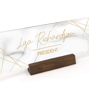 White Marble Granite with Gold Geometrics - Personalized Custom Desk Name Plate Plaque- UV Printed on Clear Acrylic with Wood Base - ANP0002